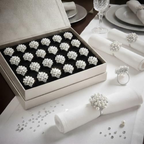 Hotop 36 Pcs Pearl Flower Napkin Rings Silver, Round Rhinestone Buckles