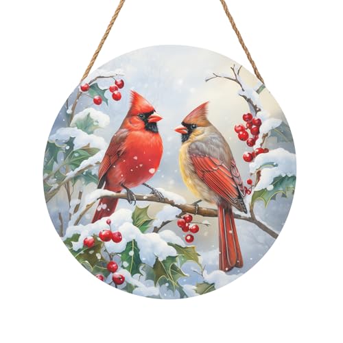 Harooni Winter Welcome Sign for Front Door, Cardinal Bird Wood Door Hanger for Outdoor Outside Porch, Christmas Cardinal Round Hanging Signs Holiday Decorations for Home Wall Porch Yard Farmhouse