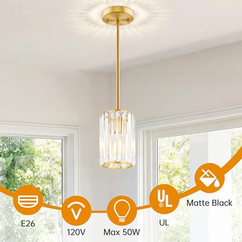 Esfos Gold Pendant Lights 3 Pack - Modern Crystal Kitchen Island Pendant with Adjustable Height, UL Certified, E26 Base