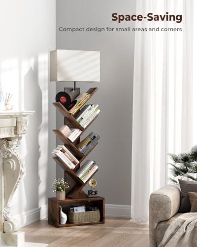 Evermagin Rustic Brown 6-Tier Tree Bookshelf with Adjustable Light, Bookcase, Space-Saving Design