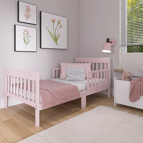 Pink Toddler Bed with Safety Rails - Low Floor, GREENGUARD Gold, Pinewood