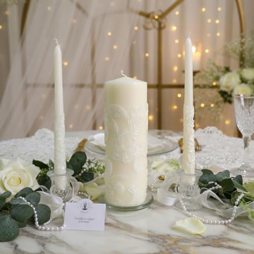 Cream Wedding Unity Candle Set with Pillar and Taper Candles - 11.5 Inch