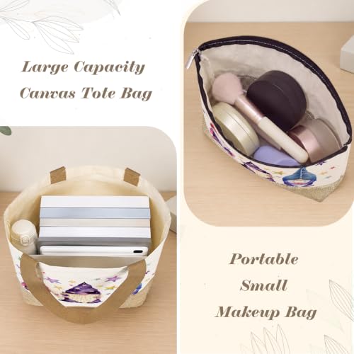 Wizard 1866 Watercolor Magic Gnomes Star Tote Bag & Makeup Bag Set - Jute Bottom
