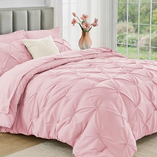Queen Comforter Set 7 Pieces - Baby Pink Bed in a Bag with Pintuck Design