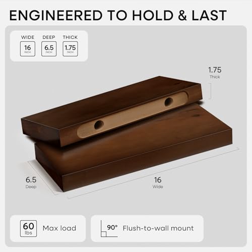 American Walnut Floating Shelves Set of 2 - 16 Inch Solid Pine Wall Storage