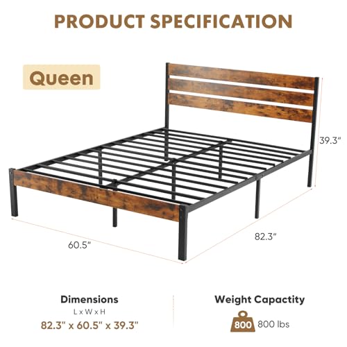 Wooden Queen Bed Frame with Metal Slats Support - 14 Inch High, 800LBS Capacity, Industrial Rustic Design