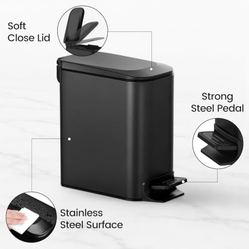 TIPGO Small Bathroom Trash Can with Lid Soft Close, 1.6 Gal, Matte