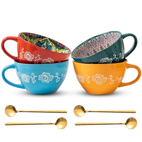 Noevany Boho 4-Piece Ceramic Coffee Mug Set with Spoons - Blue, Green, Red, Orange, 15 oz/450ml, Dishwasher & Microwave Safe
