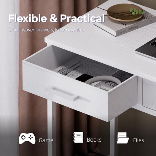 Pamray White 32-Inch Small Computer Desk with 2 Fabric Drawers for Small Spaces