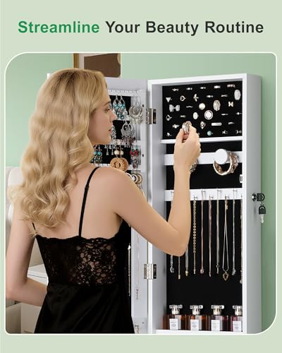 Nicetree Hanging Jewelry Cabinet - White Wall Mount Mirror with Lock & Ample Storage, 3.8''D x 12.4''W x 42''H