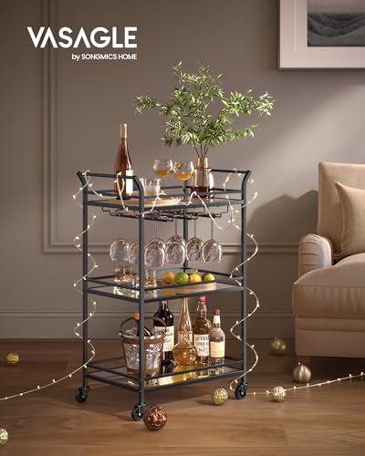 VASAGLE Black 3-Tier Bar Cart with Mirrored Glass Shelves, Portable & Sturdy