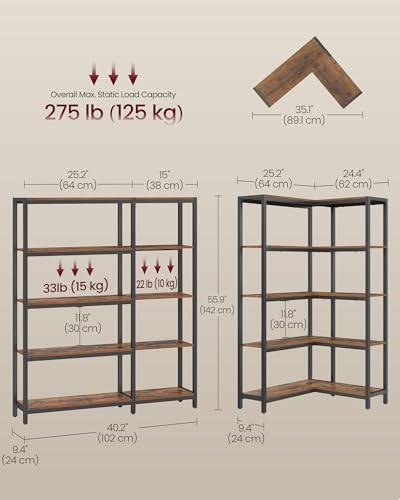 VASAGLE Rustic Brown & Ink Black 5-Tier Corner Bookshelf, 40.2 x 9.4 x 55.9 in, Convertible Storage Solution