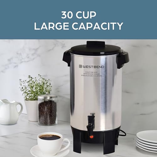 West Bend 30-Cup Coffee Urn with Automatic Temperature Control, Polished Aluminum, Easy Clean