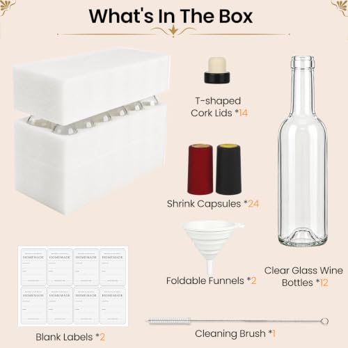 12 Pack 375ml Clear Glass Wine Bottles with T-Top Corks - Home Brewing & Storage