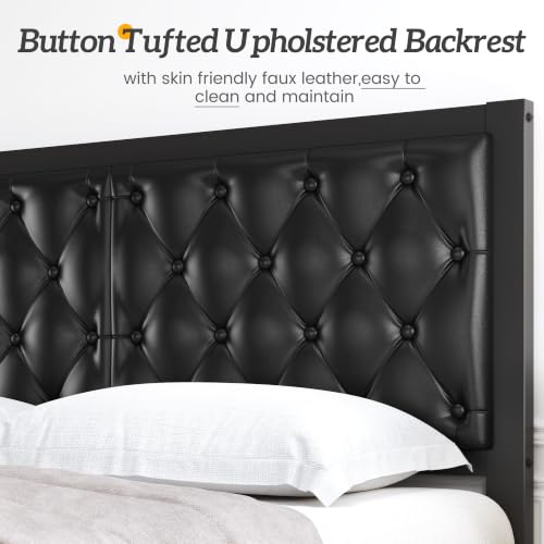 HISOFT Queen Bed Frame with Upholstered Button Tufted Headboard - Black, Platform Support, Under Bed Storage, Noise-Free, Easy Assembly