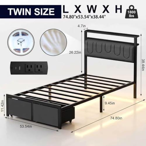 Twin Bed Frame with Drawers & LED Lights - Upholstered Headboard, Charging Station, Easy Assembly (Fashion Variation)