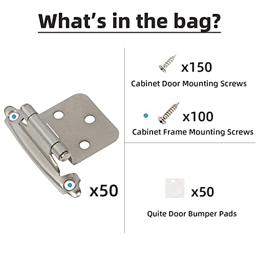 Self Closing Overlay Cabinet Hinge - Satin Nickel 1/2" Variation, 25 Pairs