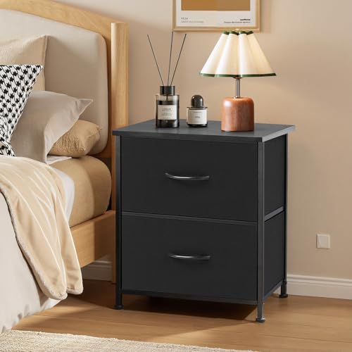 Nightstand with 2 Drawers and Wooden Top - Black Small Bedside End Table