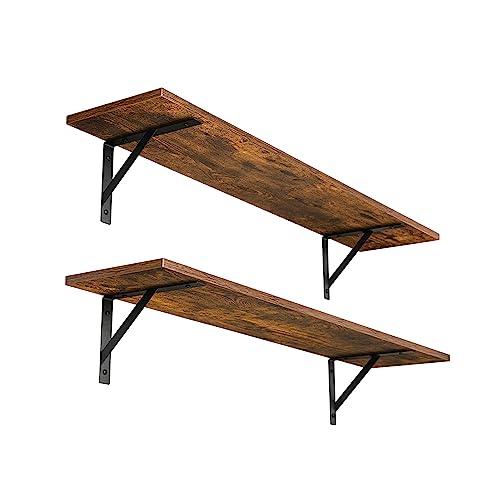 DINZI LVJ Rustic Brown Wall Mounted Shelves Set of 2, 31.5 Inch Long Floating Shelves with Metal Brackets