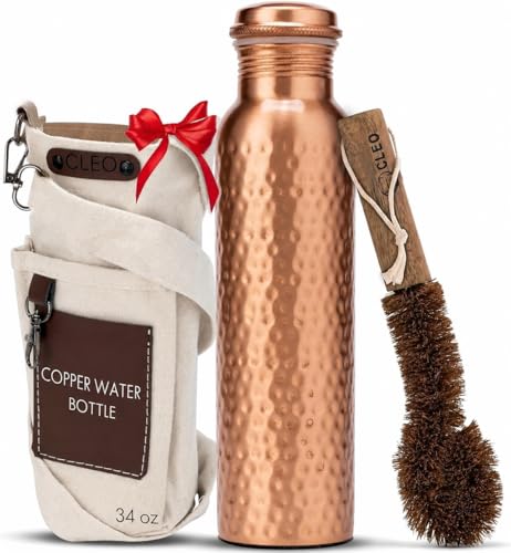 Pure Copper Water Bottle 34 Oz with Carry Bag & Brush - Eco-Friendly Hydration