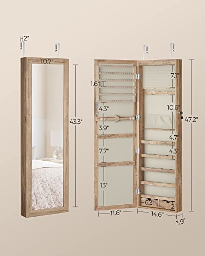 Jewelry Cabinet with Full-Length Mirror & LED Lights - Tall 47.2-Inch, Lockable, Toasted Oak