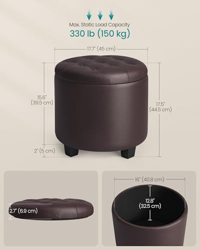 Chestnut Brown Round Vanity Stool with Storage - 17.7 Inch Diameter