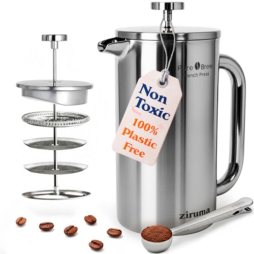Ziruma Standard 34oz Non-Toxic Stainless Steel French Press - No Plastic, Heavy Metals