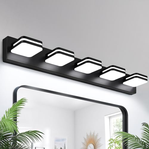 Torondo 34-Inch Matte Black 5-Light LED Bathroom Vanity Light Fixture, 360° Rotatable, Acrylic Modern Wall Lighting Over Mirror