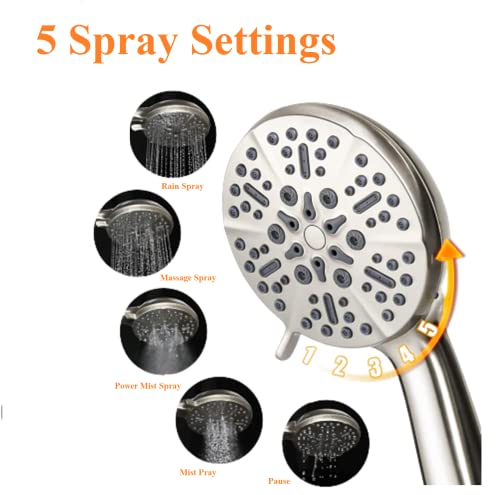High Pressure Handheld Shower Head with 5 Spray Settings, 60-Inch Stainless Steel Hose, Brushed Nickel