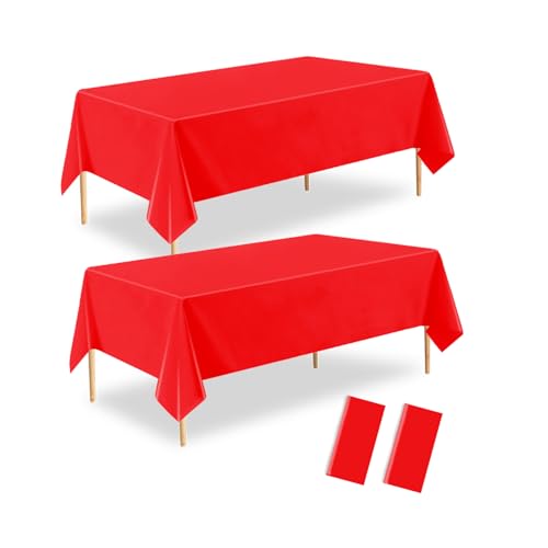 A01 Red Rectangle Disposable Tablecloth 2 Pack 54 x 108 in - Waterproof Plastic Table Cover