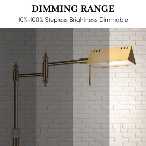 Antique Brass Dimmable Reading Floor Lamp with Remote & Adjustable Brightness