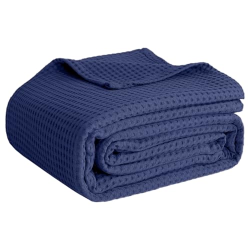 QUBA LINEN Navy Queen 90" x 90" Cotton Waffle Weave Summer Blanket
