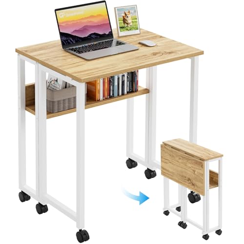 GreenForest Folding Desk with Wheels - 31.5 Inch Oak Rolling Table for Small Spaces