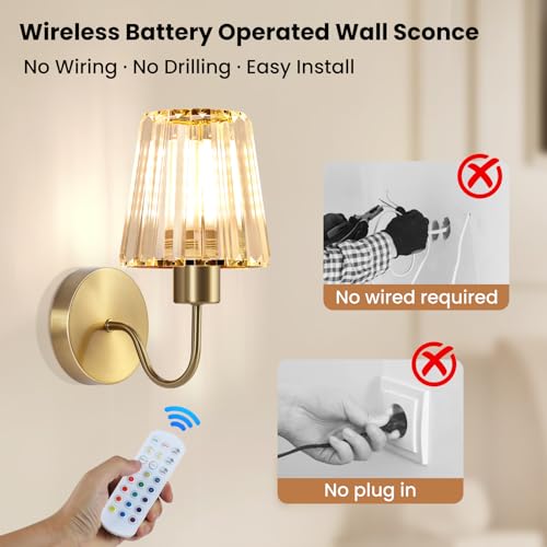 Wireless Wall Sconces Set of 2 with Remote Control - Gold Modern Wall Decor