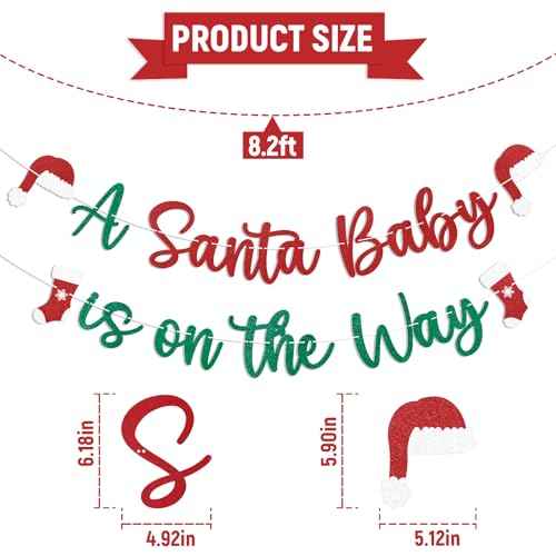 Santa Baby is on the Way Banner - Christmas Baby Shower Decorations, Winter New Year Birthday Party Decorations, Red & Green Glitter
