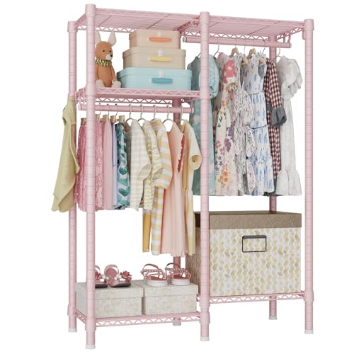 Pink Kids Clothes Rack with 4 Tiers, Metal Garment Organizer for Children's Room