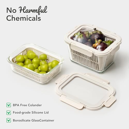 Beige Glass Produce Storage Containers with Removable Colanders and Silicone Lids - 2-Set