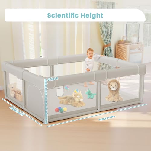 Baby Playpen 50x50x27 Inches with Gate - Grey, No Mat, Safe Indoor & Outdoor Play Area
