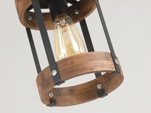 Small Pendant Light 2 Pack Rustic Farmhouse Wood and Metal Fixture - Adjustable Chain