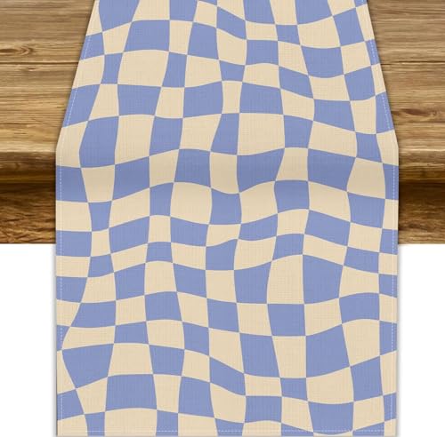 W13xL36in Purple Checkerboard Table Runner Retro 70s Groovy Wavy Pattern for Dining & Parties