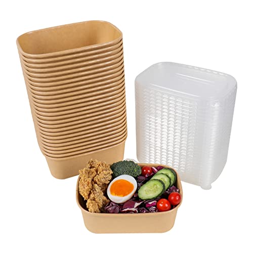 Disposable Kraft Paper Bowls with Lids - 25oz, Pack of 50