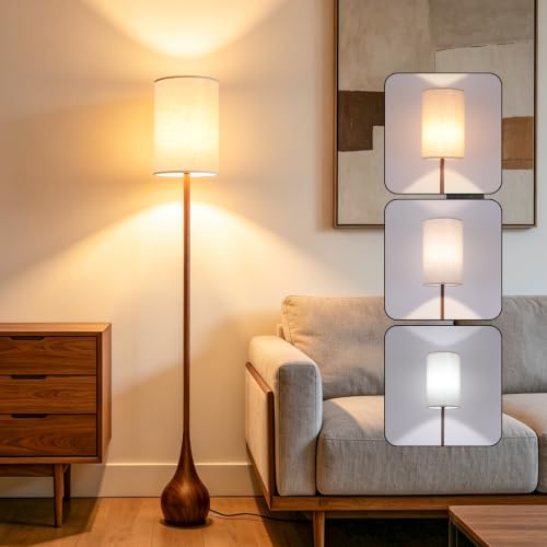 Boho Farmhouse Floor Lamp with Foot Switch & Walnut Finish - 12W LED Bulb Included