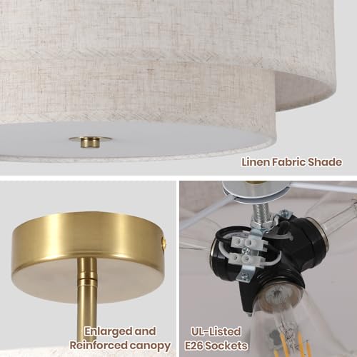 17.71-Inch 2-Tier Gold Semi-Flush Mount Ceiling Light Fixture, 3-Light Double Drum