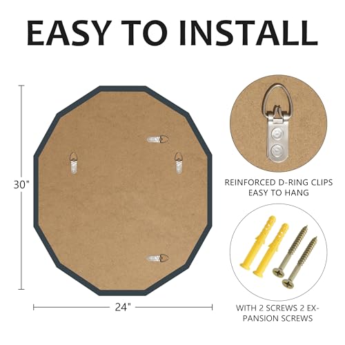 24x30 Inch Frameless Bathroom Mirror - Round, Diamond Beveled Edge, Wall Mount, Over Sink, 30L x 24W - Gray Finish