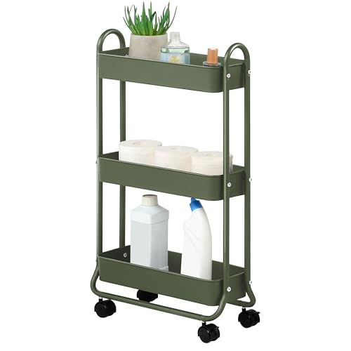 SunnyPoint Army Slim Rolling Storage Cart 3-Tier Bathroom & Laundry Organizer