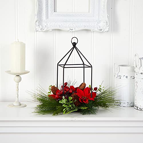 Nearly Natural 14in. Christmas Poinsettia & Berry Candle Holder Decor