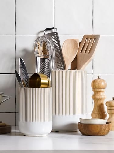 Ceramic Kitchen Utensil Holder Set - 7.3 & 5.4 Inch Warm White Reactive Glaze