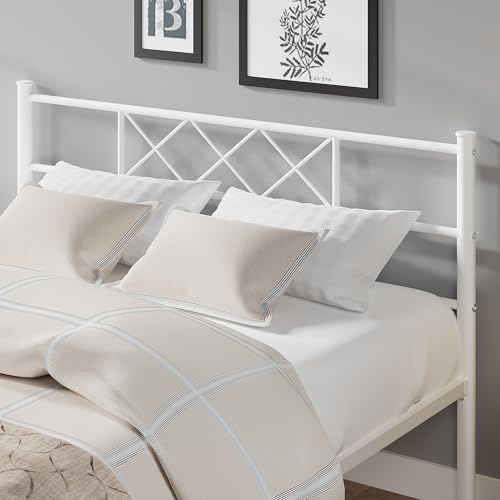 Full Size Bed Frame with Headboard - Pure White, Heavy Duty Metal Slats, Easy Assembly