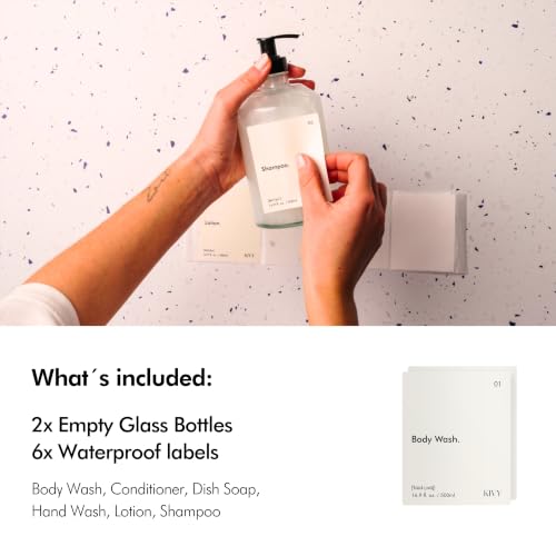 KIVY Glass Soap Dispenser Set 2X 16oz with Waterproof Labels & Pump - Bathroom & Kitchen Accessory