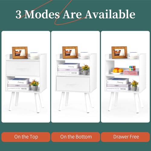 Yoobure White Modern Nightstand with Drawer & Open Shelf, 2-Tier Bedside Table